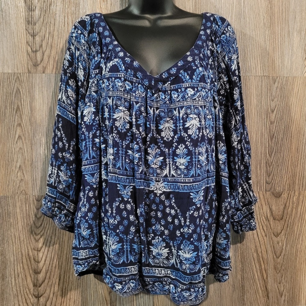 Bila Boho Floral Peasant Blouse XXL 2XL Dark Blue Deep V-Neck 3/4 Balloon Sleeve